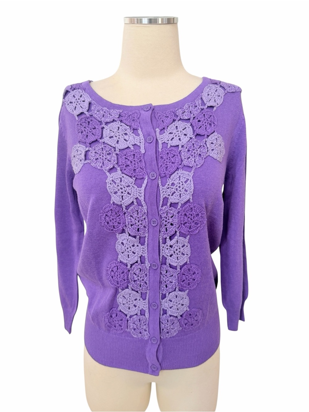 NWT ($68) Joseph A Purple Crochet-Applique Button-Front Cardigan Sz S